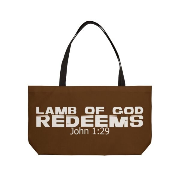 Divine inspiration: Lamb of God redeems, Weekender Tote Bag, light purchases, light luggage, easter religious gift, brown bag - Image 2