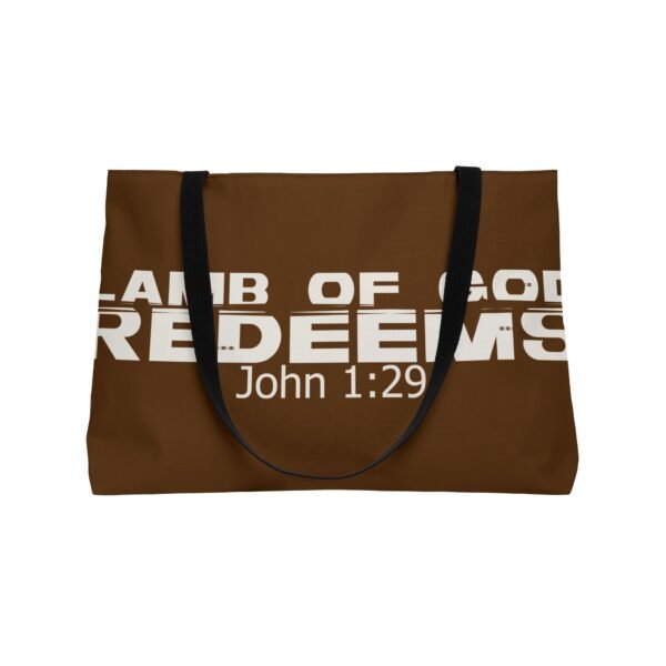Divine inspiration: Lamb of God redeems, Weekender Tote Bag, light purchases, light luggage, easter religious gift, brown bag - Image 3