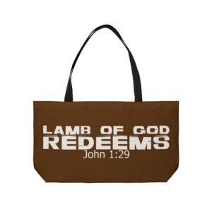 Divine inspiration: Lamb of God redeems, Weekender Tote Bag, light purchases, light luggage, easter religious gift, brown bag
