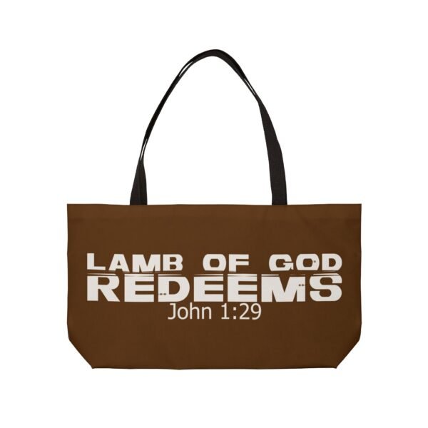Divine inspiration: Lamb of God redeems, Weekender Tote Bag, light purchases, light luggage, easter religious gift, brown bag