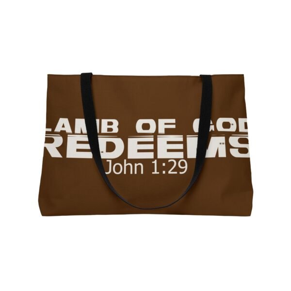 Divine inspiration: Lamb of God redeems, Weekender Tote Bag, light purchases, light luggage, easter religious gift, brown bag - Image 4