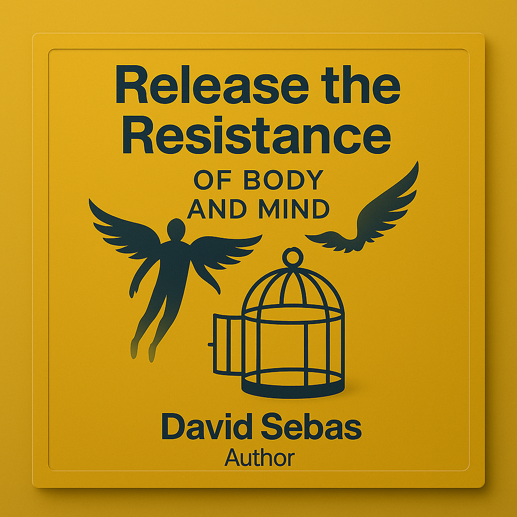 Square cover of the guide “Release the Resistance of Body and Mind” with mustard background, winged silhouette and open cage