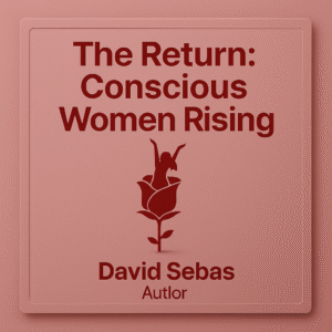 Square book cover for “The Return: Conscious Women Rising” with rose background and female figure emerging from a rose