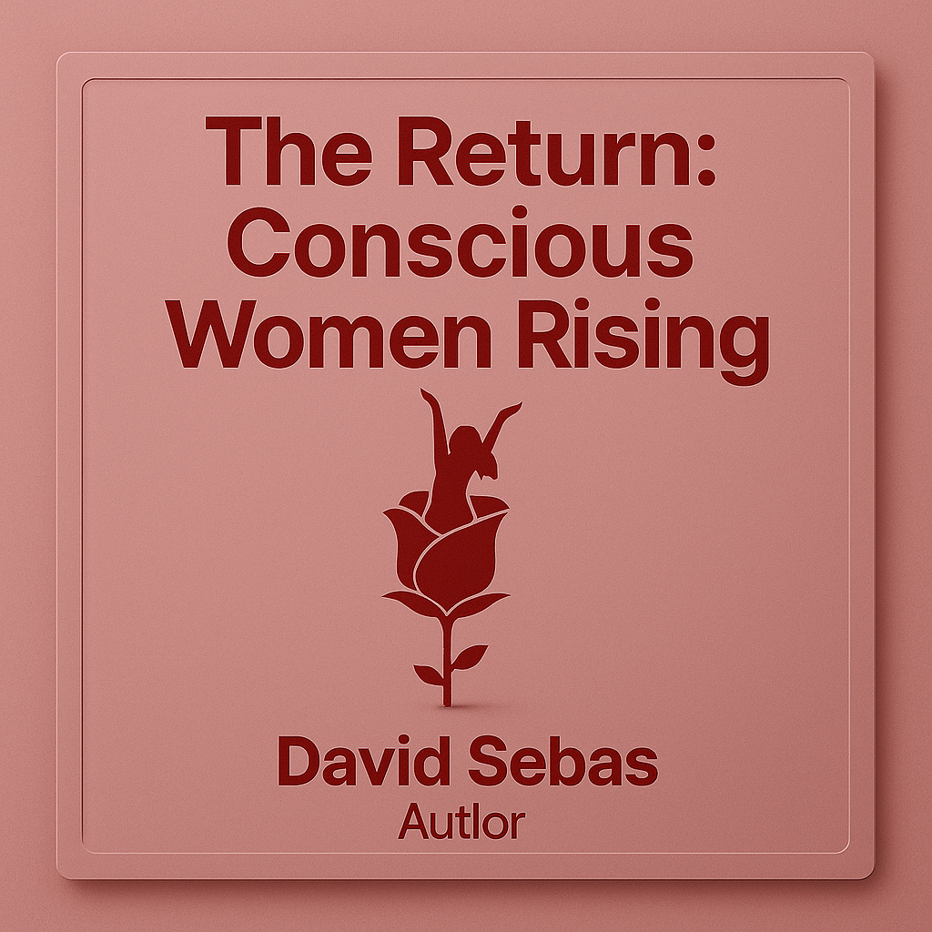 Square book cover for “The Return: Conscious Women Rising” with rose background and female figure emerging from a rose