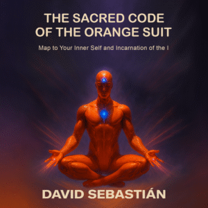 Book cover of "The Sacred Code of the Orange Suit" by David Sebastián, featuring a meditating orange figure with glowing blue chakras against a cosmic background.