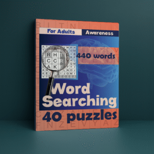 Word Searching book cover for adults — blue and orange design with a magnifying glass and brain illustration, representing intelligence and focus.